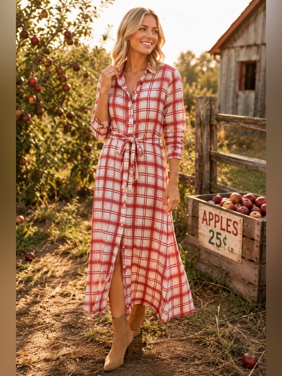 Umgee Dresses & Skirts - Umgee Plaid Button Front Shirt Dress Rayon Tie Waist Red White Small NWT Cottage
